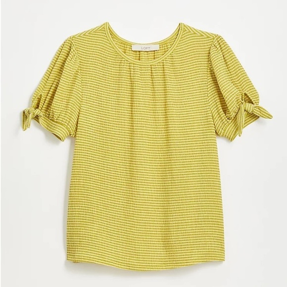 LOFT Striped Crinkle Tie Sleeve Top Chartreuse Green Size Small - Picture 1 of 7